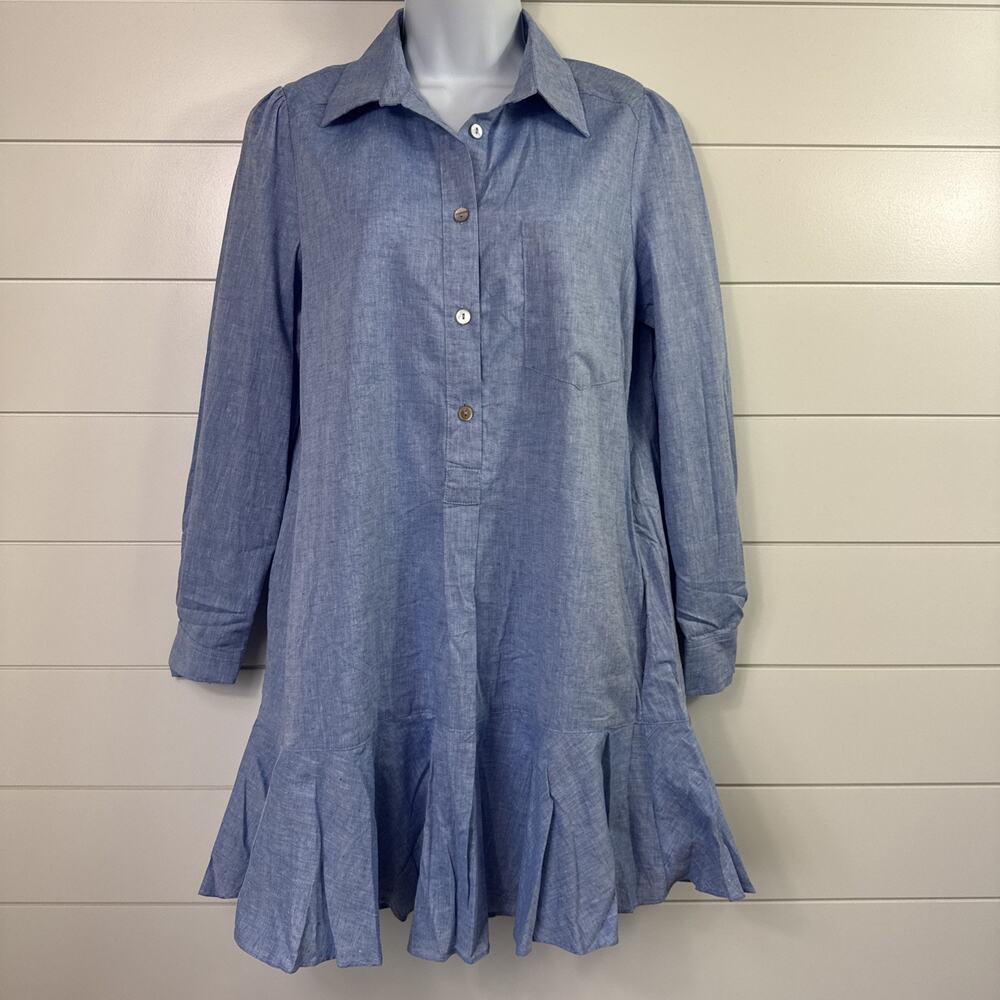 Tuckernuck Chambray Blue Button-Front Ruffle-Hem Long Sleeve Dress